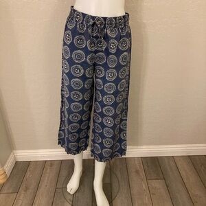 Johnny Was Workshop 100% Linen Wide Leg Cropped Blue Pants Small